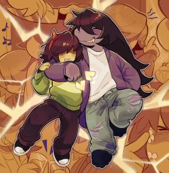 1girl 1other absurdres arm_around_neck artist_name beamed_eighth_notes black_pants black_shoes closed_eyes commentary deltarune english_commentary faeryee green_sweater grey_pants hairband heart highres horn_hairband horns jacket knife kris_(deltarune) long_sleeves musical_note pants purple_jacket red_hairband red_horns shirt shoes smile susie_(deltarune) sweater torn_clothes torn_pants white_shirt