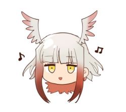 Rule 34 | 10s, 1girl, :d, bird wings, black hair, blunt bangs, chibi, empty eyes, eyelashes, feather trim, feathered wings, female focus, head wings, japanese crested ibis (kemono friends), kemono friends, long hair, lowres, multicolored wings, music, musical note, narita imomushi, no nose, open mouth, red hair, red wings, short hair with long locks, sidelocks, silver hair, simple background, singing, smile, solo, upper body, white background, white wings, wings, yellow eyes