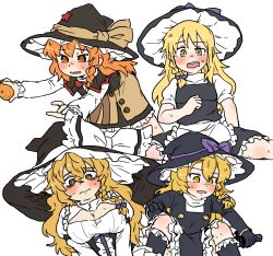 4girls @_@ apron azusa_(cookie) bags_under_eyes black_capelet black_coat black_gloves black_hat black_skirt black_vest blonde_hair blush bow bowtie braid breasts bseibutsu buttons capelet cleavage cleavage_cutout closed_mouth clothing_cutout coat commentary_request cookie_(touhou) feet_out_of_frame food frilled_apron frilled_hat frilled_skirt frills fruit gloves hair_between_eyes hair_bow hat hat_ornament holding holding_microphone kirisame_marisa large_breasts long_hair lower_teeth_only mandarin_orange mars_(cookie) microphone multiple_girls open_mouth orange_eyes orange_hair puffy_short_sleeves puffy_sleeves red_bow red_bowtie red_star rei_(cookie) shirt short_sleeves side_braid simple_background single_braid skirt skirt_set small_breasts star_(symbol) star_hat_ornament stretching teeth touhou turtleneck turtleneck_shirt upper_teeth_only uzuki_(cookie) vest waist_apron wavy_mouth white_apron white_background white_shirt witch_hat yellow_eyes
