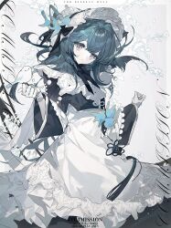 1girl a0akumu apron bird black_dress closed_mouth commission cowboy_shot dress english_text green_hair highres looking_at_viewer medium_hair original pink_eyes solo twitter_username watermark white_apron white_bird