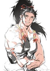 1boy bara bare_shoulders beard beard_stubble black_hair facial_hair final_fantasy final_fantasy_xiv happy hien_rijin highres hyur large_pectorals long_hair looking_at_viewer looking_to_the_side male_focus mature_male muscular muscular_male pale_color pectoral_cleavage pectorals ponytail shiyikuaiqingtai_(weibo7279846390) smile solo stubble thick_eyebrows turning_head upper_body