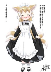 1girl alternate_costume animal_ears apron arknights black_choker black_dress black_shoes blonde_hair bobby_socks choker closed_eyes dress enmaided extra_ears facing_viewer fox_ears fox_girl fox_tail frilled_apron frills highres kitsune kyuubi long_hair long_sleeves maid maid_apron maid_day maid_headdress mary_janes multiple_tails open_mouth shoes socks solo speech_bubble suzuran_(arknights) tail translation_request white_apron white_socks yumineko_(yukimasa1017)