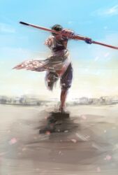 Rule 34 | armor, male focus, petals, polearm, running, sanada yukimura (sengoku musou), sengoku musou, spear, weapon