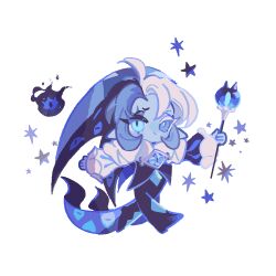 1boy ahoge androgynous aqua_eyes black_bodysuit blue_brooch blue_hair blue_skin bodysuit bright_pupils chibi chibi_only closed_mouth colored_eyelashes colored_skin commentary cookie_run cookie_run:_kingdom extra_eyes fewer_digits frilled_sleeves frills full_body heterochromia holding holding_staff humanization long_hair long_sleeves looking_at_viewer male_focus mismatched_pupils multicolored_hair neck_ruff pointy_ears puffy_long_sleeves puffy_sleeves reed shadow_milk_cookie shirt simple_background slit_pupils smile solo staff star_(symbol) star_symbol_background symbol-only_commentary two-tone_hair very_long_hair walking white_eyelashes white_hair white_pupils white_shirt