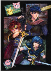 Rule 34 | 3boys, blue eyes, blue hair, cape, commentary request, fire emblem, fire emblem: mystery of the emblem, fire emblem: path of radiance, fire emblem: the binding blade, gen 1 pokemon, headband, highres, holding, holding sword, holding weapon, ike (fire emblem), jigglypuff, kirby, kirby (series), male focus, marth (fire emblem), moo103, multiple boys, nintendo, pikachu, pokemon, pokemon (creature), red hair, roy (fire emblem), short hair, super smash bros., sword, tiara, weapon