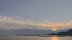 blue_sky cloud cloudy_sky highres horizon landscape maruimeuo mountain no_humans ocean original outdoors pier scenery sky sun sunrise water