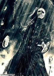 1boy blackmore coat jojo_no_kimyou_na_bouken k-suwabe male_focus mask monochrome rain solo steel_ball_run umbrella water