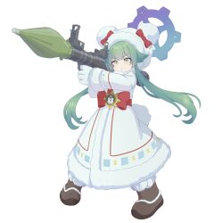 1girl :t aiming animal_hood bear_hood bear_tail blue_archive blue_halo boots bow brown_boots closed_mouth coat coat_dress dress fake_tail full_body fur-trimmed_boots fur-trimmed_coat fur-trimmed_hood fur_trim gear_halo gloves green_eyes green_hair hair_flaps halo highres holding holding_rocket_launcher holding_weapon hood little_sparks long_hair long_sleeves momiji_(blue_archive) pom_pom_footwear pout red_bow red_winter_federal_academy_logo rocket_launcher rpg rpg-7 rpg_(weapon) simple_background solo tail tearing_up twintails v-shaped_eyebrows weapon white_background white_dress white_gloves