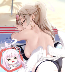 &gt;_&lt; 2girls ass back backboob bare_arms bare_back bare_shoulders beach_towel beach_umbrella bikini black_one-piece_swimsuit blue_archive blurry blurry_background blush bottle breasts brown_hair casual_one-piece_swimsuit chibi chibi_inset closed_mouth commentary_request cowboy_shot day earrings eyewear_on_head feathered_wings frilled_bikini frills from_behind gradient_halo halo halterneck hands_up holding holding_bottle hoop_earrings jewelry light_smile long_hair looking_at_viewer looking_back lotion lotion_bottle low_wings lying medium_breasts mika_(blue_archive) mika_(swimsuit)_(blue_archive) miyabinp multicolored_halo multiple_girls nagisa_(blue_archive) nagisa_(swimsuit)_(blue_archive) nose_blush official_alternate_costume official_alternate_hairstyle on_ground on_stomach one-piece_swimsuit open_mouth outdoors pink-tinted_eyewear pink_hair pink_halo ponytail profile sand shade sunglasses sunscreen sweatdrop swimsuit tinted_eyewear towel translation_request umbrella untied_swimsuit wavy_mouth white_bikini white_wings wings yellow-framed_eyewear