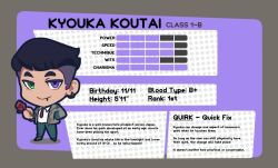 Rule 34 | 1boy, black hair, boku no hero academia, chibi, commentary, earrings, english commentary, english text, face piercing, flower, green eyes, green pants, grey jacket, hand in pocket, heterochromia, jacket, jewelry, lip piercing, lip ring, necktie, original, pants, piercing, purple eyes, red flower, red necktie, red rose, redringo188, rose, school uniform, shirt, single earring, solo, stats, u.a. school uniform, white shirt