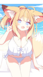 1girl :d animal_ears bare_arms bare_shoulders beach bikini blonde_hair blue_eyes blue_sky breasts cleavage cloud commentary_request daidai_ookami day fox_ears fox_girl fox_shadow_puppet fox_tail highres horizon large_breasts long_hair looking_at_viewer navel ocean open_mouth original outdoors ponytail sand sitting sky smile solo swimsuit tail thigh_gap water white_bikini