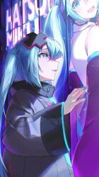 1girl absurdres aqua_eyes aqua_hair aqua_nails batsu_miku character_name detached_sleeves grey_jacket hair_ornament hatsune_miku headphones highres jacket kowareta_sekai_to_utaenai_miku long_hair long_sleeves looking_at_another namio78264525 open_mouth project_sekai sleeves_past_wrists solo turtleneck turtleneck_jacket twintails very_long_hair vocaloid wide_sleeves x_hair_ornament