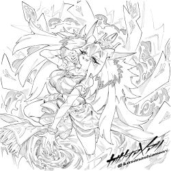 1girl bare_shoulders breasts character_request collarbone duel_monster eyelashes fangs full_body highres kasanashiameari large_breasts long_hair looking_at_viewer midriff monochrome navel signature simple_background solo twitter_username very_long_hair white_background wind yu-gi-oh!