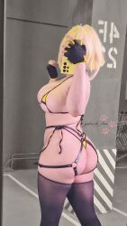 ass ass_focus bikini blonde_hair breasts cellphone cosplay cosplay_photo elegg_(nikke) from_side gloves goddess_of_victory:_nikke hair_over_eyes huge_ass indoors large_breasts micro_bikini phone photo_(medium) selfie short_hair sideboob smartphone standing swimsuit thighhighs yellow_bikini yoshinobi_cos