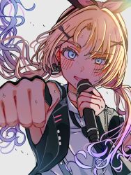 Rule 34 | 1girl, black hairband, black jacket, black necktie, blonde hair, blue eyes, bow hairband, breasts, collarbone, collared shirt, commentary, curtained hair, fang, floating hair, gradient hair, hair intakes, hair ornament, hairband, holding, holding microphone, i do me! (love live!), jacket, link! like! love live!, looking at viewer, loose necktie, love live!, low twintails, microphone, multicolored hair, necktie, neko raa men, official alternate costume, open clothes, open jacket, osawa rurino, pink hair, purple hair, raised eyebrow, shirt, sideboob, sleeveless, sleeveless jacket, sleeveless shirt, solo, sweat, twintails, very sweaty, virtual youtuber, white background, white shirt, x hair ornament