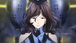 1girl bare_shoulders blood blood_drip blood_from_forehead blood_on_face blue_bodysuit bodysuit brown_eyes brown_hair clothing_cutout collarbone exoskeleton floating_hair fukuda_tomonori game_cg hair_over_shoulder high_collar highres indoors lipstick long_hair looking_at_viewer makeup mature_female mecha_interior mecha_pilot_suit narrowed_eyes non-web_source official_art parted_bangs pilot piloting red_lips robotics;notes senomiya_misaki shiny_lips shoulder_cutout sitting skin_tight smile smoke solo vertical-striped_bodysuit
