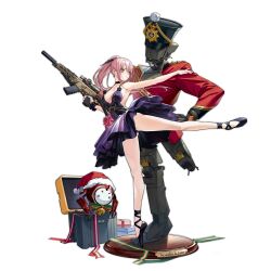1girl 1other amputee armpits backless_outfit ballet ballet_slippers bell black_choker black_dress black_nails black_panties box breasts choker christmas clothed_robot coat cyclops_(girls&#039;_frontline) display dress dress_flower earrings english_text flower gift gift_box girls&#039;_frontline gluteal_fold goliath_(girls&#039;_frontline) green_ribbon gun hand_on_own_hip hat highres holding holding_gun holding_weapon humanoid_robot jack-in-the-box jewelry jingle_bell kcco_(girls&#039;_frontline) large_breasts light_smile long_hair looking_away military_hat nutcracker official_alternate_costume official_art one-eyed outstretched_arm outstretched_leg panties pink_eyes pink_flower pink_hair plaque purple_dress r5_(girls&#039;_frontline) r5_(pas_de_deux)_(girls&#039;_frontline) red_coat red_ribbon remington_r5_rgp ribbon robot sangvis_ferri santa_hat scope scrunchie simple_background spaghetti_strap spring_(object) standing standing_on_one_leg striped_ribbon transparent_background two-tone_dress underwear weapon white_ribbon wrist_scrunchie yellow_ribbon yitiao_er-hua