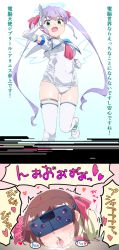 1girl blush boots brown_hair cameltoe commentary_request djibril_aries drooling elbow_gloves energy_wings gloves green_eyes halo head-mounted_display heart instant_loss jacket jinno_hikari long_hair magical_girl makai_tenshi_djibril makai_tenshi_djibril_2 necktie nose_blush one-piece_swimsuit purple_hair ribbon saliva school_swimsuit smile speech_bubble standing swimsuit swimsuit_costume takahashi_(k2ta7) thigh_boots thigh_strap thighhighs thighs tongue tongue_out trembling twintails white_footwear white_gloves white_one-piece_swimsuit white_thighhighs wings yellow_jacket