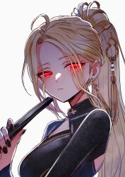 1girl absurdres ahoge alternate_hairstyle artist_request black_shrug blonde_hair blush breasts china_dress chinese_clothes cleavage closed_mouth dress earrings folded_fan folding_fan hand_fan hand_on_own_chest highres holding holding_fan jewelry jingburger large_breasts long_dress long_hair long_sleeves looking_at_viewer no_panties official_alternate_costume parted_bangs ponytail red_eyes shrug_(clothing) side_slit solo tassel tassel_earrings very_long_hair virtual_youtuber waktaverse