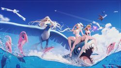 3girls ahoge articuno bikini blonde_hair blowing_bubbles breasts cleavage fingerless_gloves game_freak gen_1_pokemon gen_3_pokemon gen_4_pokemon gloves hair_between_eyes halterneck highleg highleg_bikini highres huge_breasts large_breasts latias latios laure_lacroix legendary_pokemon long_hair multiple_girls nintendo original outdoors pokemon rotom sharpedo small_breasts sunglasses swimsuit the_kite twintails water white_bikini wingull