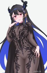 asymmetrical_horns blush breasts chronopattern_dress colored_inner_hair crystal_horns demon_horns flower gelik hair_ornament highres holoadvent hololive hololive_english horn_flower horns large_breasts looking_at_viewer meme_attire mole mole_under_eye multicolored_hair nerissa_ravencroft red_eyes simple_background split-color_hair tassel tassel_hair_ornament two-tone_hair uneven_horns virtual_youtuber white_background