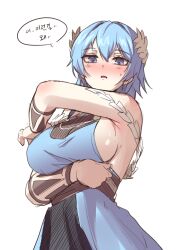1girl absurdres arm_up blue_dress blue_eyes blue_hair blush breasts commentary_request dress embarrassed highres korean_commentary large_breasts pinkmarine shin_su-a simple_background sweat the_warrior_returns tiara white_background