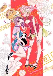 2girls ;d alternate_costume alternate_hairstyle bamboo_steamer steamed_bun bare_legs black_footwear braid breasts bun_cover butterfly_hair_ornament china_dress chinese_clothes cleavage commentary double_bun dress earrings floral_print flower food fruit gradient_hair green_eyes green_hair hair_between_eyes hair_bun hair_ornament hand_up high_heels highres holding jewelry jumping kanroji_mitsuri kimetsu_no_yaiba kochou_shinobu large_breasts leaning_forward long_hair medium_breasts mole mole_under_eye multicolored_hair multiple_braids multiple_girls nail_polish one_eye_closed open_mouth parted_bangs peach pelvic_curtain pink_hair pink_nails print_dress print_footwear purple_eyes purple_hair quad_braids quad_tails red_background red_dress short_dress short_sleeves single_hair_bun sky_blue_025250 smile standing stiletto_heels streaked_hair stuffed_animal stuffed_panda stuffed_toy symbol-only_commentary twitter_username two-sided_fabric two-tone_hair updo white_background