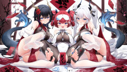 Rule 34 | 3girls, absurdres, bare shoulders, between toes, black hair, black nails, black panties, blue eyes, blush, breasts, cameltoe, china dress, chinese clothes, closed mouth, clothes lift, commentary request, covered navel, dress, dress lift, elbow gloves, fang, feet, full body, gloves, hair ornament, highres, horns, k.t.cube, large breasts, leg up, legs up, lifting own clothes, long hair, looking at viewer, mask, mask on head, multiple girls, nail polish, no shoes, open mouth, original, panties, pantyhose, pelvic curtain, red dress, red hair, revision, see-through clothes, see-through panties, short hair, sidelocks, sitting, skin fang, smile, soles, spread legs, spread toes, stirrup legwear, tail, thighhighs, toeless legwear, toenail polish, toenails, toes, twintails, underwear, white dress, white gloves, white hair, white panties, white thighhighs