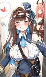 2girls absurdres black_pants blue_dress blue_eyes blue_hair blush_stickers breasts brown_hair cleavage colored_inner_hair commentary cosplay crop_top detached_sleeves doorway dress english_commentary goddess_of_victory:_nikke hairband hat heart highres horns ice_bear large_breasts long_hair looking_at_viewer marian_(nikke) marian_(nikke)_(cosplay) mechanical_horns mini_hat modernia_(nikke) mole mole_on_breast multicolored_hair multiple_girls navel orange_eyes pants pov_doorway rapi_(nikke) rapi_(red_hood)_(nikke) red_hair red_hood_(nikke) red_hood_(nikke)_(cosplay) smile spoken_heart stomach two-tone_hair white_hairband