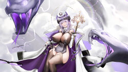 1girl absurdres artist_request black_flower black_rose breasts coat coat_on_shoulders covered_erect_nipples drone echocalypse flower fur-trimmed_coat fur_trim gloves hat hat_flower highres holding large_breasts long_sleeves mole mole_under_eye morai_(echocalypse) official_art open_mouth purple_coat purple_eyes purple_hair rose smile snake tassel thighhighs two-sided_coat two-sided_fabric two-sided_gloves white_coat white_gloves white_hat