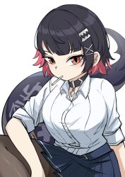 1girl absurdres black_hair black_skirt blush breasts candy closed_mouth ellen_joe ellen_joe_(on_campus) fins fish_tail food hair_ornament highres kimsoing large_breasts lollipop lollipop_in_mouth long_sleeves looking_at_viewer mole mole_under_eye official_alternate_costume pleated_skirt red_eyes red_hair school_uniform shark_girl shark_tail short_hair simple_background skirt solo tail white_background x_hair_ornament zenless_zone_zero