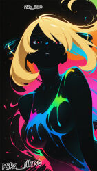 blonde_hair bodypaint colorized cynthia_(pokemon) glow-in-the-dark glowing hair_ornament highres nintendo pokemon red_eyes tagme