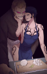 2boys absurdres apron arm_tattoo ass black_hair blonde_hair blue_apron bulge buttjob cheese_neko3 chest_tattoo covered_erect_nipples donquixote_doflamingo earrings erection erection_under_clothes facial_hair food frottage goatee hand_tattoo hand_under_clothes height_difference highres indoors jewelry leg_tattoo looking_at_another male_focus multiple_boys muscular muscular_male naked_apron one_piece pants shirt short_hair shoulder_tattoo sunglasses tattoo trafalgar_law vegetable yaoi yellow_eyes