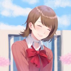 1girl blue_sky blurry blurry_background blush bow bowtie brown_hair cardigan cherry_blossoms choker closed_eyes closed_mouth cloud cloudy_sky collarbone collared_shirt day earrings eyelashes gekkoukan_high_school_uniform highres jewelry medium_hair mikan_zakuro outdoors parted_lips persona persona_3 pink_cardigan red_bow red_bowtie ribbed_cardigan school_uniform shirt sky smile solo stud_earrings swept_bangs takeba_yukari upper_body white_choker