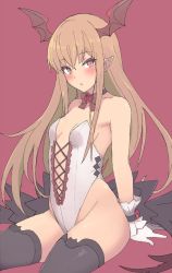 1girl :o bare_shoulders black_thighhighs blonde_hair blush bow bowtie breasts center_opening commentary cross-laced_clothes demon_girl female_focus flower frills gloves head_wings highleg highleg_leotard leotard long_hair looking_at_viewer mobu navel parted_lips pink_eyes pointy_ears red_bow red_bowtie red_flower red_rose red_wings rose shingeki_no_bahamut sidelocks small_breasts solo strapless strapless_leotard thighhighs vampy very_long_hair white_gloves white_leotard wings