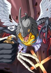 absurdres armor chimairamon currynoodle_art digimon digimon_(creature) digimon_adventure_02 dragon feathered_wings gold_armor highres holding magnamon multiple_wings sharp_teeth slit_pupils teeth white_wings wings yellow_eyes