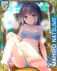 1girl :o ahoge bare_arms bare_legs barefoot bikini blue_bikini brown_eyes card_(medium) day girlfriend_(kari) natsume_mahiro official_art open_mouth orange_eyes outdoors qp:flapper sauna short_hair silver_hair sitting solo spa swimsuit tagme wavy_hair