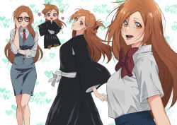 1girl adjusting_eyewear bare_legs black_kimono bleach bow bowtie breasts buttons chibi closed_mouth collared_shirt commentary english_commentary flower_symbol glasses grey_skirt grey_vest hair_ornament hairpin half_updo hand_on_eyewear hand_up heart heart_background highres inoue_orihime japanese_clothes karakura_high_school_uniform kimono long_hair looking_at_viewer necktie open_mouth orange_eyes orange_hair parted_bangs pencil_skirt pleated_skirt red_bow red_bowtie red_necktie sash school_uniform shihakusho shirt shirt_tucked_in short_sleeves skirt smile standing teeth vest waraji white_sash white_shirt wide_sleeves yshjsw