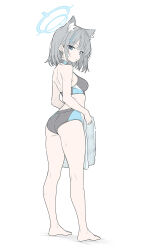1girl animal_ear_fluff animal_ears barefoot black_shorts blue_archive blue_eyes blue_halo breasts cross cross_hair_ornament extra_ears full_body grey_hair gym_shorts gym_uniform hair_ornament halo highres holding holding_towel inverted_cross kneepits looking_at_viewer medium_hair mismatched_pupils shiroko_(blue_archive) shiroko_(swimsuit)_(blue_archive) shorts simple_background small_breasts solo sports_bra sweat t1kosewad thighs towel white_background wolf_ears wolf_girl