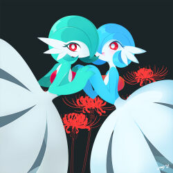 2girls alternate_color blue_hair colored_skin dress flower gardevoir gen_3_pokemon green_hair green_skin hair_over_one_eye highres holding_hands multicolored_skin multiple_girls nintendo pokemon pokemon_(creature) rabbitfolly red_eyes shiny_pokemon signature spider_lily two-tone_skin white_dress white_skin