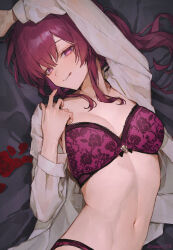 1girl :q absurdres arm_up artist_name bed bra breasts collarbone commentary_request gloves highres honkai:_star_rail honkai_(series) kafka_(honkai:_star_rail) large_breasts long_hair long_sleeves looking_at_viewer lying navel no_eyewear on_back on_bed open_clothes open_shirt paid_reward_available panties partial_commentary purple_bra purple_eyes purple_hair purple_panties shirt smile solo sooon stomach tongue tongue_out twitter_username underwear watermark white_shirt
