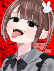 1girl black_eyes blush brown_hair ear_piercing error_message hair_ornament highres irasutoya irasutoya_challenge jirai_kei multicolored_hair open_mouth piercing pink_hair rabbit_hair_ornament red_background red_pupils siu4xx smile tongue tongue_out tongue_piercing two-tone_hair