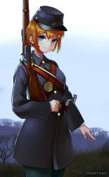1girl absurdres american_civil_war antique_firearm bayonet belt_buckle blonde_hair blue_eyes blue_hat blue_jacket blue_pants buckle caplock commentary firearm firelock gold_buttons gun hat highres holding holding_gun holding_weapon jacket kepi looking_at_viewer military military_hat military_uniform musket original pants short_hair solo weapon youotaku