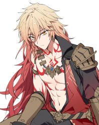 1boy abs alternate_hair_length alternate_hairstyle arm_tattoo armor bl_tarock black_coat black_pants blonde_hair braid chest_tattoo coat earrings facial_tattoo gold_earrings gold_necklace gradient_hair hair_between_eyes honkai:_star_rail honkai_(series) jewelry long_hair looking_at_viewer male_focus multicolored_hair mydei_(honkai:_star_rail) navel necklace open_clothes open_coat pants pauldrons red_hair red_tattoo shoulder_armor side_braid simple_background single_pauldron solo tattoo toned toned_male very_long_hair white_background yellow_eyes