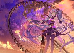1girl aqua_eyes aqua_hair black_thighhighs boots cloud detached_sleeves female_focus ferris_wheel from_below hair_over_one_eye hatsune_miku long_hair necktie open_mouth saberiii shirt skirt sky sleeveless sleeveless_shirt solo tell_your_world_(vocaloid) thigh_boots thighhighs twintails very_long_hair vocaloid