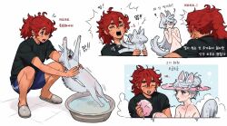 2girls ? animal_ears animalization baesong black_shirt blue_eyes blue_shorts blush cat_ears cat_girl cat_tail commentary_request grey_cat grey_eyes grey_sleeves gundam gundam_suisei_no_majo kemonomimi_mode korean_commentary korean_text long_hair miorine_rembran multiple_girls nude open_mouth ponytail red_hair scratches shirt short_sleeves shorts simple_background squatting suletta_mercury tail thick_eyebrows translation_request white_background