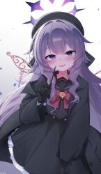 1girl absurdres alternate_costume black_dress black_gloves black_hat dress gloves halo hat highres hololive hololive_english jewel_under_eye koseki_bijou long_hair metal_wings miixxc open_mouth professor_niyaniya_(blue_archive) professor_niyaniya_(blue_archive)_(cosplay) purple_eyes purple_hair purple_halo solo virtual_youtuber white_background