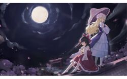 Rule 34 | 2girls, black shoes, blonde hair, bow, brown eyes, brown hair, cloud, detached sleeves, dress, frilled bow, frilled hair tubes, frilled skirt, frills, full moon, hair bow, hair tubes, hakurei reimu, hat, highres, holding, holding ofuda, letterboxed, long dress, long hair, long sleeves, mob cap, moon, multiple girls, night, night sky, ofuda, on roof, outdoors, pink umbrella, purple tabard, red bow, red shirt, red skirt, shijiu (shizuoxing), shirt, shoes, sitting, skirt, sky, socks, tabard, torii, touhou, umbrella, white dress, white sleeves, white socks, wide sleeves, yakumo yukari