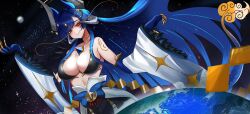 1girl adhesive_bra black_bra black_skirt blue_hair body_markings bra breasts closed_mouth collarbone crescent crescent_hair_ornament detached_sleeves dragon_girl dragon_horns dragon_tail earth_(planet) grey_horns hair_ornament highres horns indie_virtual_youtuber large_breasts linea_alba long_hair orange_eyes planet pleated_skirt skirt smile solo space specterehd tail underwear vienna_(vtuber) vienna_(vtuber)_(4th_costume) virtual_youtuber white_sleeves wide_sleeves
