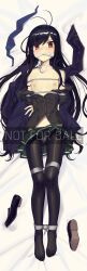 1girl absurdres accel_world antenna_hair arms_behind_back bdsm bed_sheet black_hair black_panties black_pantyhose black_shirt black_shoes blue_jacket bondage bound bound_arms bound_legs breasts cad_(caddo) cloth_gag commentary commission dakimakura_(medium) dress_shirt english_commentary full_body gag gagged green_skirt highres improvised_gag incredibly_absurdres jacket kuroyukihime long_hair looking_at_viewer lying navel nipples not_for_sale on_back orange_eyes panties panties_under_pantyhose pantyhose pleated_skirt rope school_uniform shibari shirt shoes skirt small_breasts solo umesato_middle_school_uniform underwear unworn_shoes